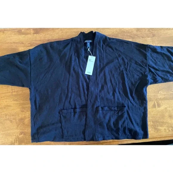 NEW Eileen Fisher Organic Linen Crepe Stretch Short Cardigan Black L/XL - Picture 9 of 12